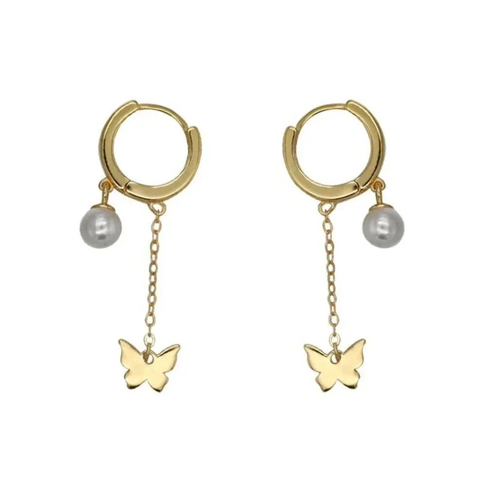 925 Sterling Silver Dangle Butterfly Pearl Huggie Earrings Gold - Picture 4 of 5